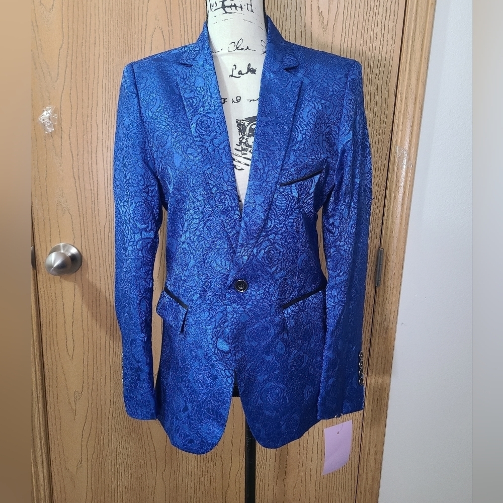 NWT Royal Blue Jacquard Brocade Suit Coat Novelty Tuxedo Jacket